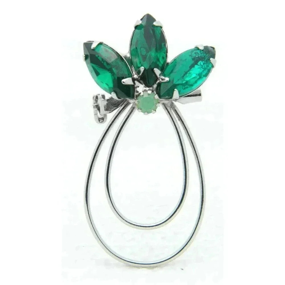 VTG Silver Tone Green Rhinestone Abstract Flower Pin Brooch